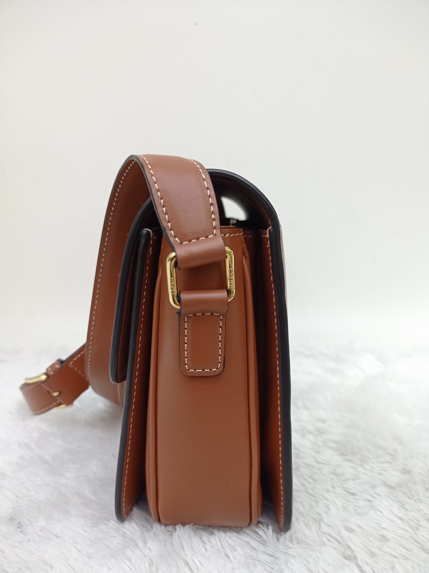 Celine Triomphe Medium Canvas Calfskin Border Tan GHW 2021