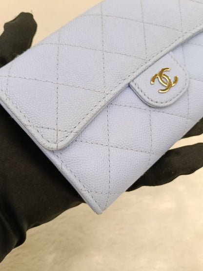 Chanel Trifold Wallet Caviar Light Blue LGHW (CHIP)