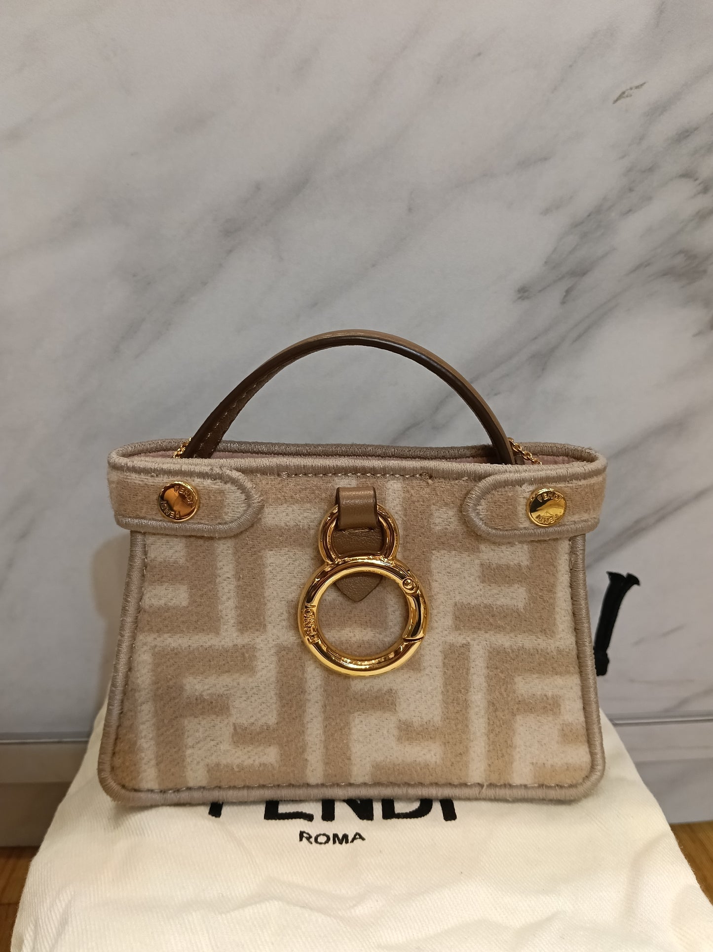 Fendi Peekaboo Nano Charm Embroidered FF Wool Beige Pink GHW