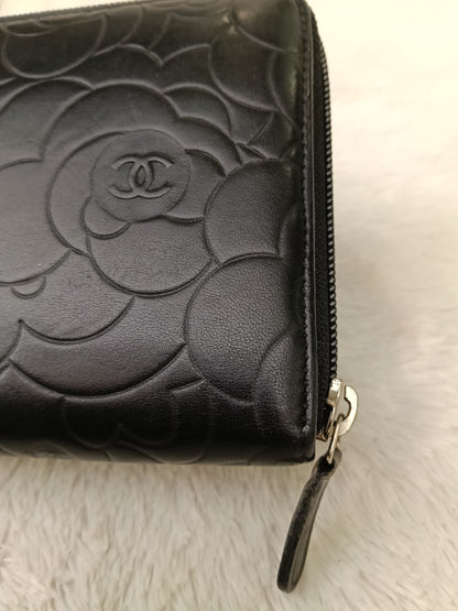 Chanel Zip Around Organizer Wallet Camellia Embossed Black Silver SHW #16