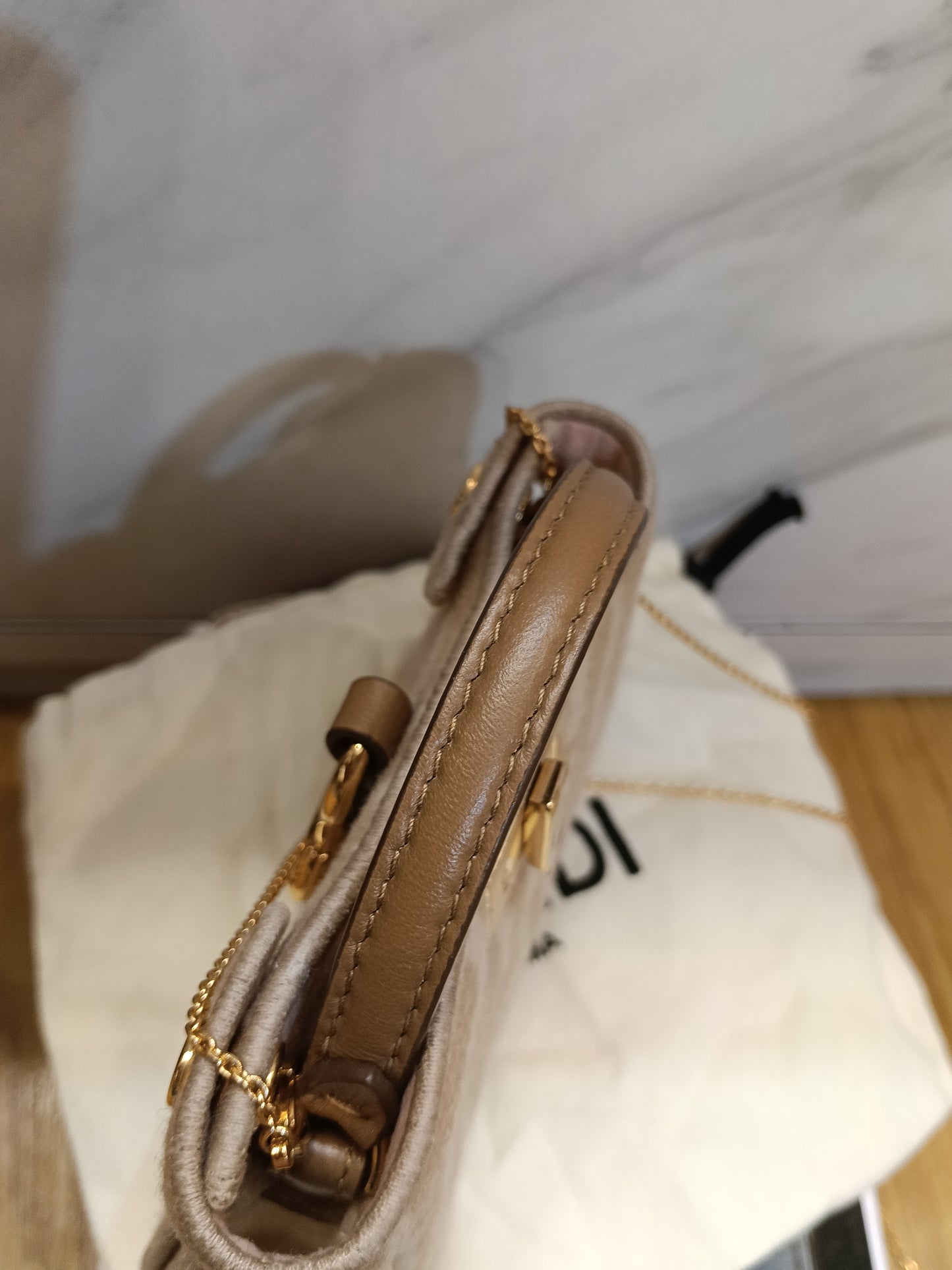 Fendi Peekaboo Nano Charm Embroidered FF Wool Beige Pink GHW