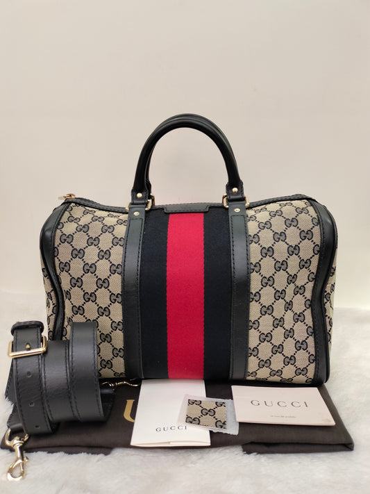 Gucci Boston Canvas Stripe Dark Blue GHW