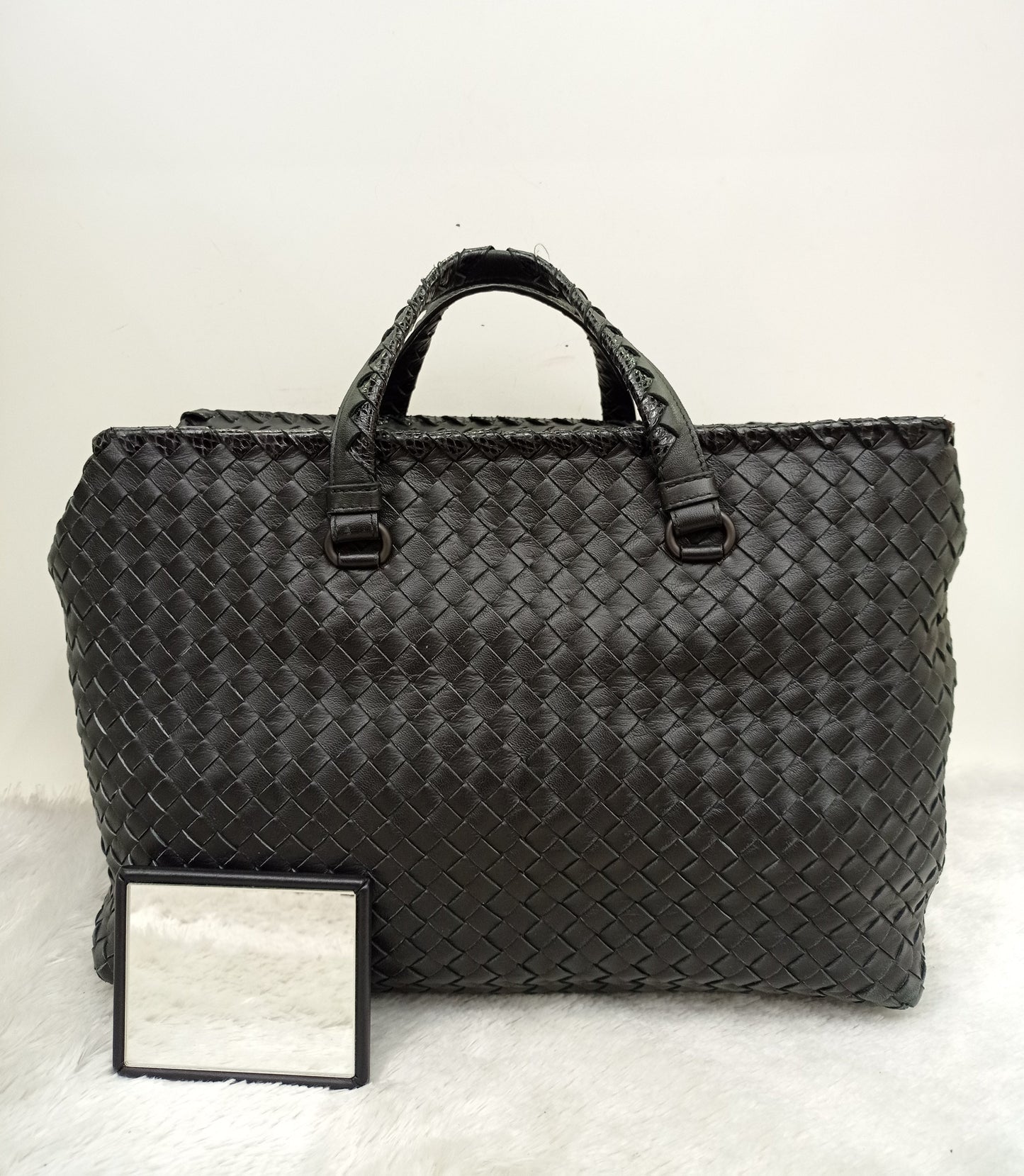 Bottega Veneta Nappa Intrecciato Ayers Brick Tote Black Snake Skin RHW