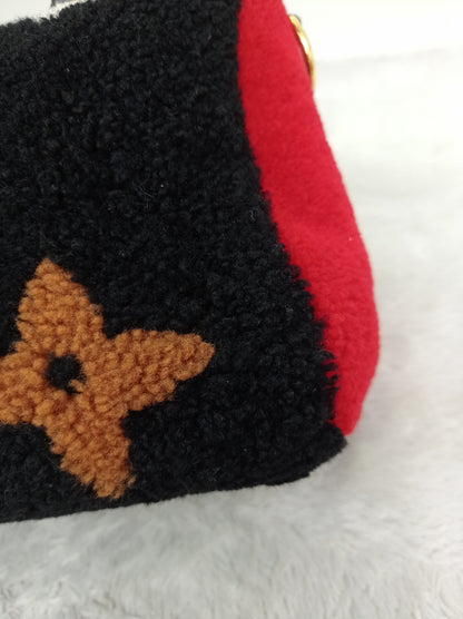 LV Bandou 25 Monogram Giant Fleece Teddy Shearling Black Red 2019