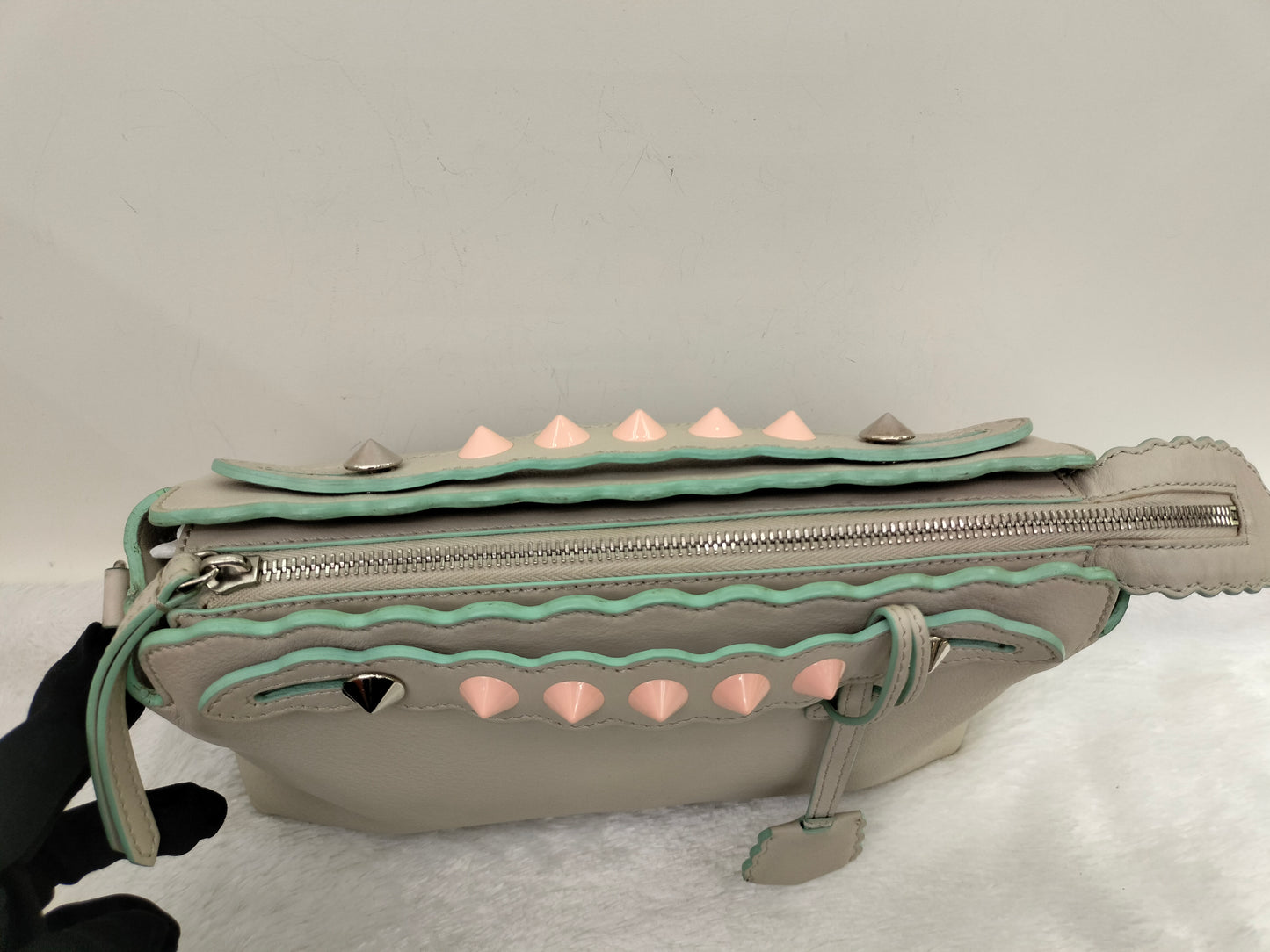 Fendi BTW Medium Vitello Dolce Scalloped Studded Pink Off White SHW 2016