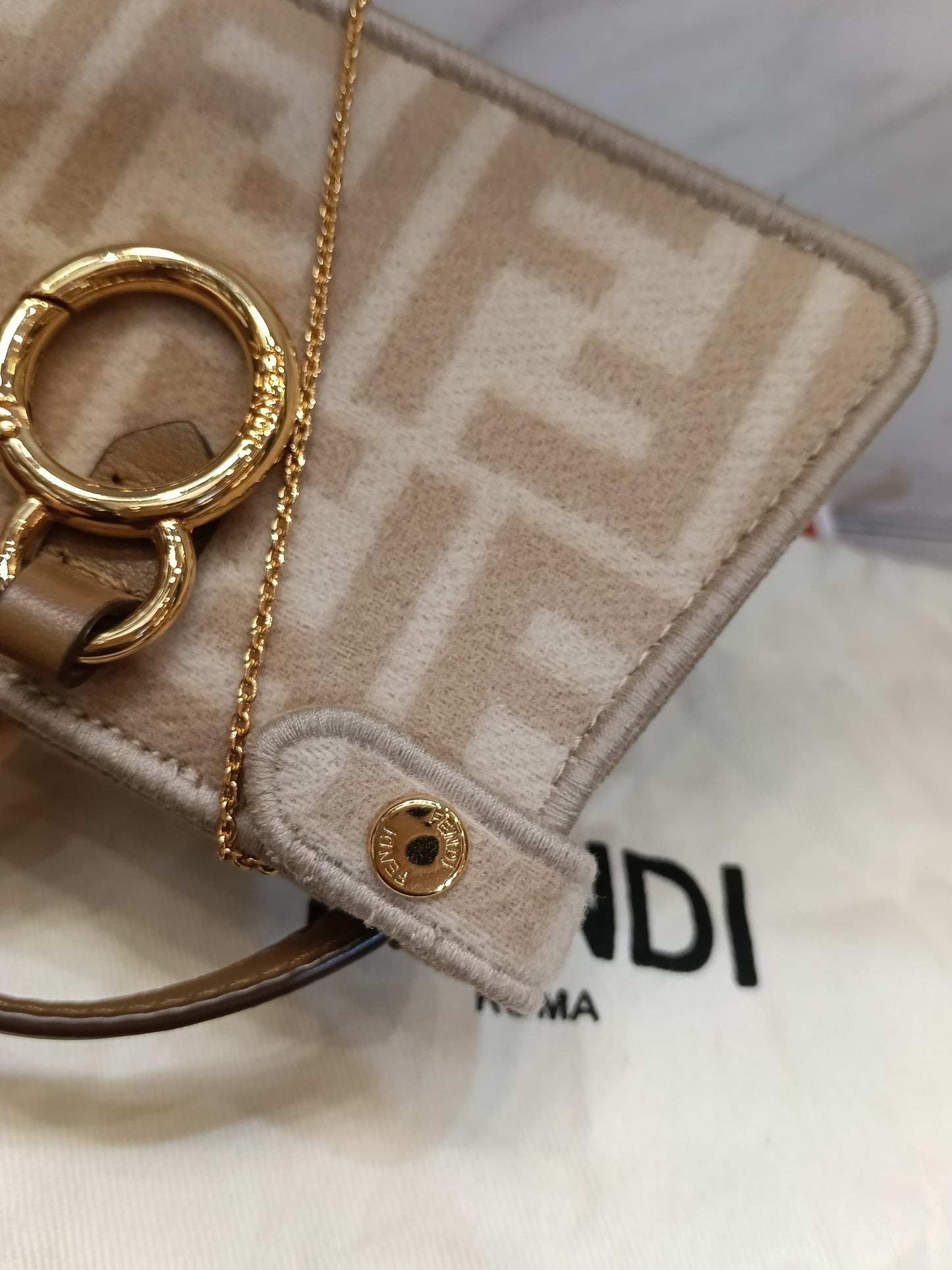 Fendi Peekaboo Nano Charm Embroidered FF Wool Beige Pink GHW