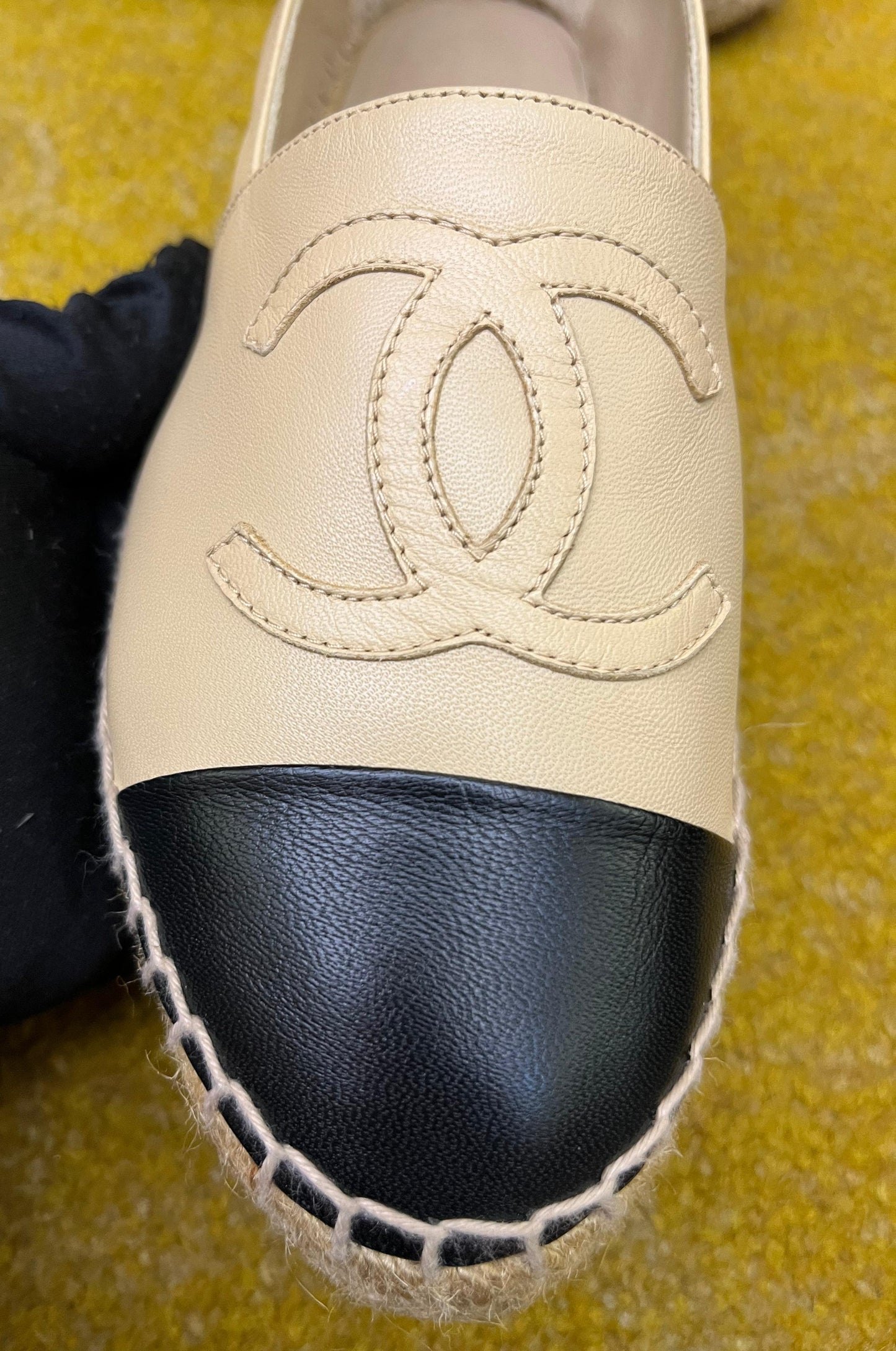 Chanel Espadrilles Leather Beige Black Size 36