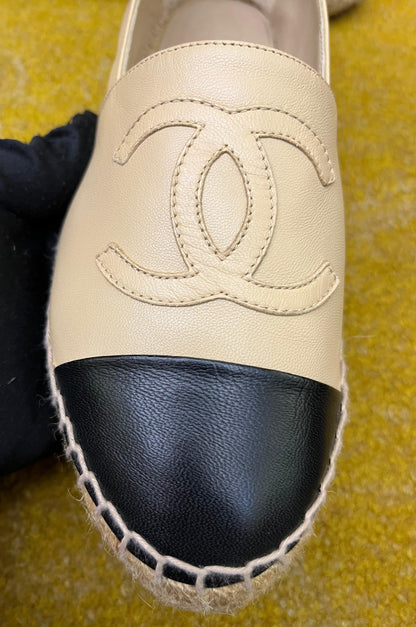 Chanel Espadrilles Leather Beige Black Size 36