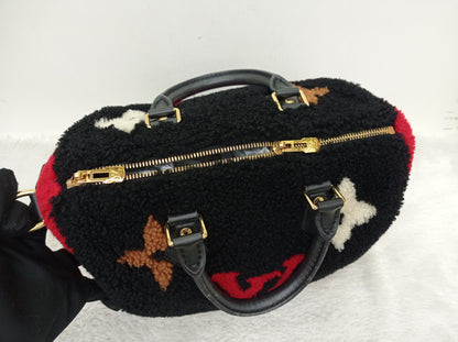 LV Bandou 25 Monogram Giant Fleece Teddy Shearling Black Red 2019