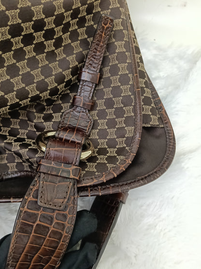 Celine Macadam Bittersweet Large Hobo Croco Embossed Chocolate SHW 2008