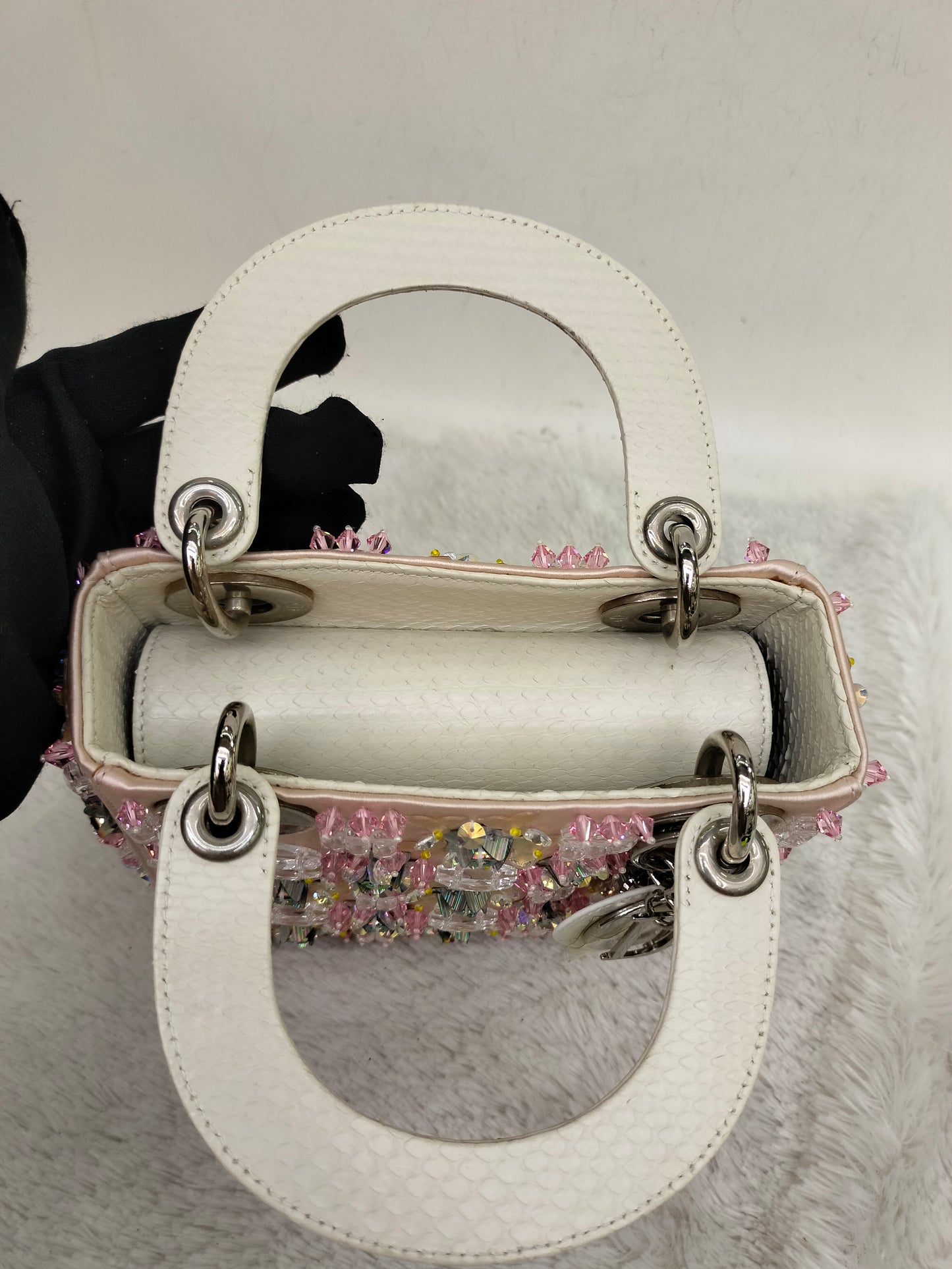 Lady Dior Mini Cannage Crystal Satin Pink Handle Python SHW 2016